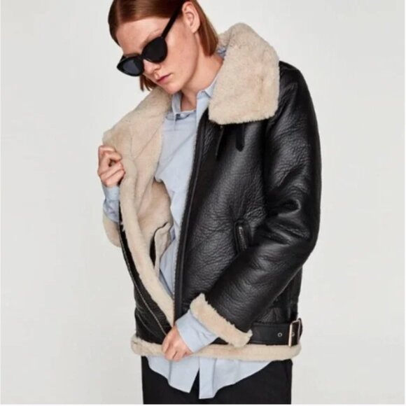 Zara Black Faux Leather Shearling Jacket Aviator Biker Moto Bomber Size Small - Picture 2 of 15
